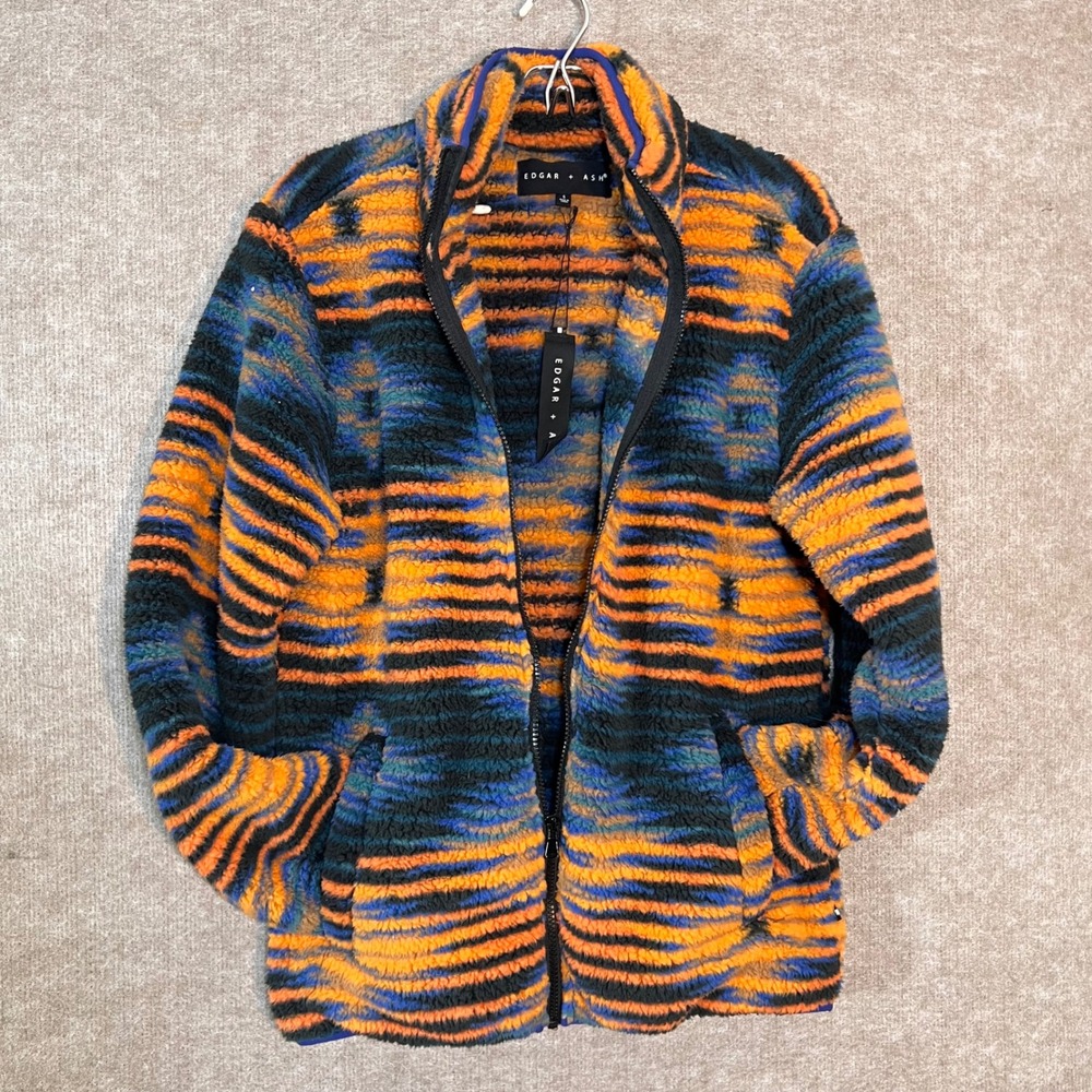 Edgar + Ash Fleece Jacket Mens Small Orange Blue Striped Full Zip Gorpcore